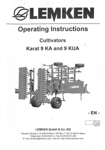 Lemken Cultivators Karat 9 KA & 9 KUA Operators Manual