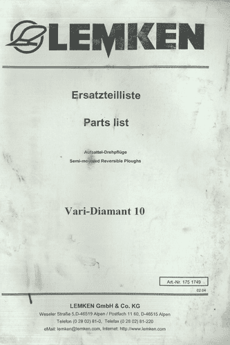 Lemken Mounted  Plough  Vari-Diamant 10 Parts Manual