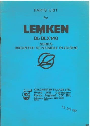 Lemken Mounted Reversible Plough DL140 & DLX140 Parts Manual - DL DLX 140