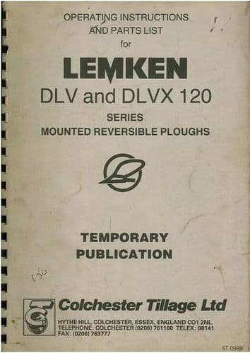 Lemken Mounted Reversible Ploughs DLV & DLVX 120 Operators Manual with Parts List