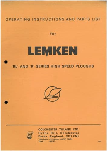 Lemken Mounted Reversible Ploughs R & RL Series Operators Manual with Parts List