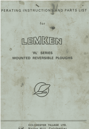 Lemken  Mounted Reversible Ploughs RL Series Operating Instruction and Parts List