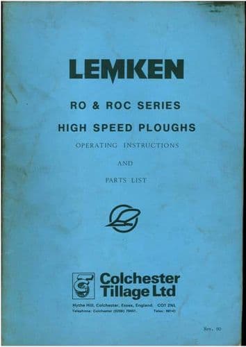 Lemken Plough RO and ROC Series High Speed Plough Operators Manual and Parts List