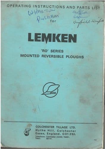 Lemken Plough RO Series Reversible Plough Operators Manual and Parts List