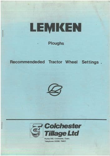 Lemken Ploughs Recommended Tractor Wheel Settings Operators Manual