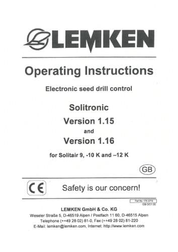 Lemken Seed Drill Solitronic 1.15 & 1.16 Operators Manual