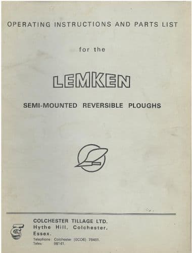 Lemken Semi-Mounted Reversible Ploughs - Models L & S Operators Manual with Parts List