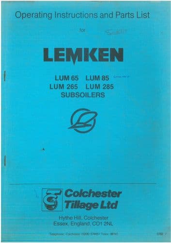Lemken Subsoiler Lum 65 85 265 285 Operators Manual and Parts List