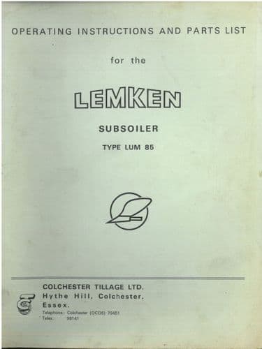 Lemken Subsoiler Type Lum 85 Operators Manual with Parts List