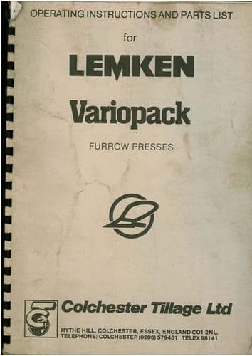 Lemken Variopack Furrow Presses Operators Manual with Parts List
