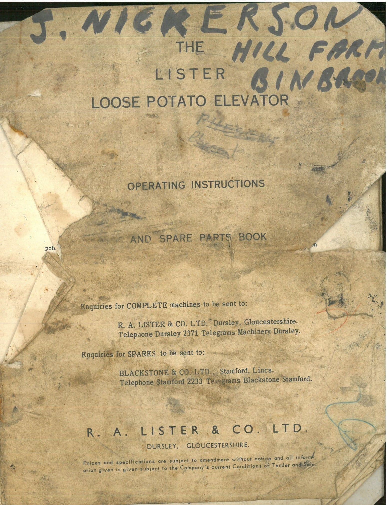 Lister Loose Potato Elevator Operators and Parts Manual