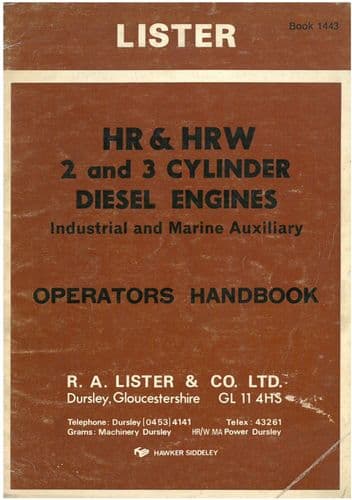 Lister Marine & Industrial Diesel Engine HR & HRW 2 & 3 Cylinder Operators Manual