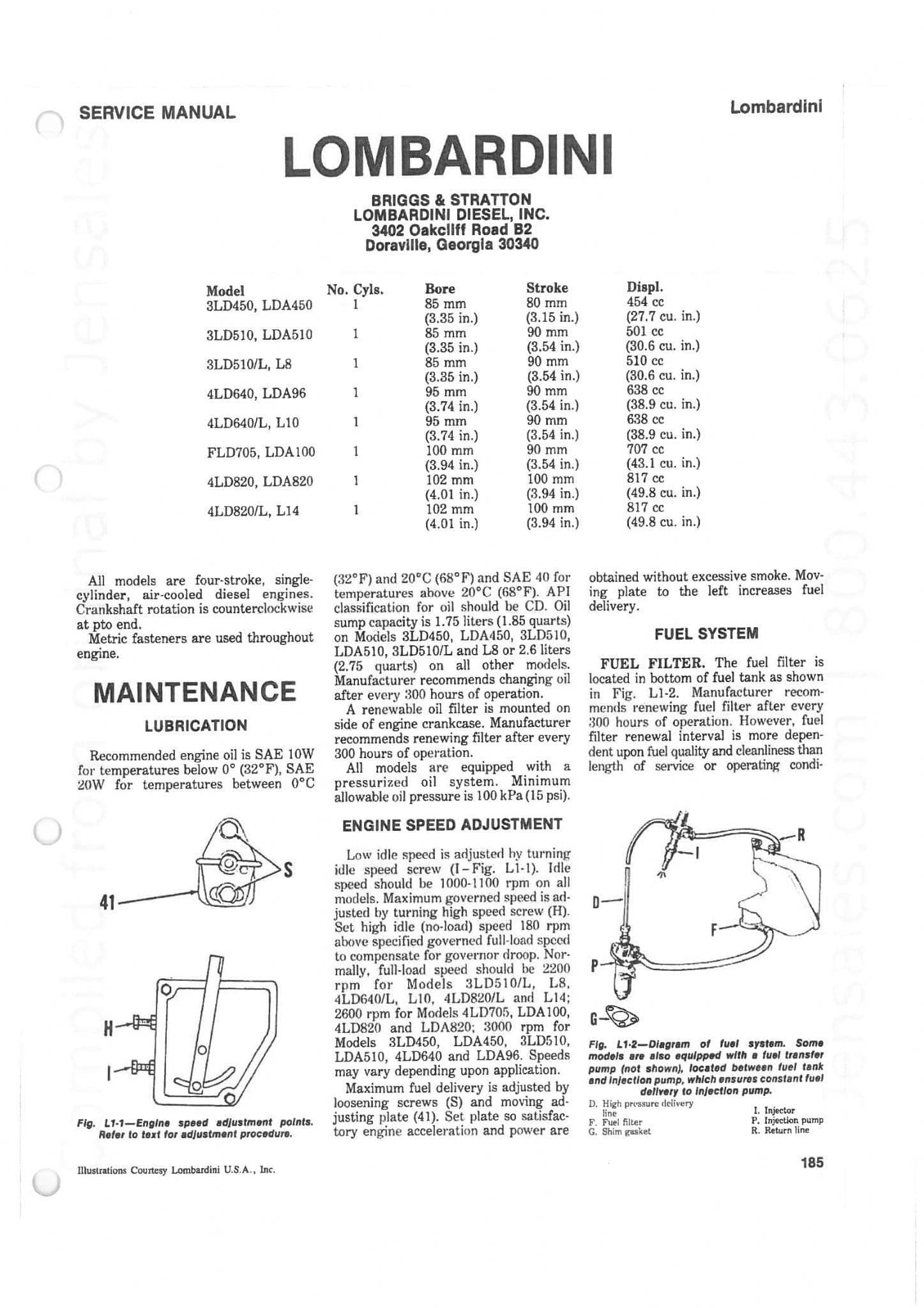 Lombardini Small Diesel Engine Model 4LD640 LDA96 4LD640-4 L10 FLD705 LDA100 I&T Workshop Manual