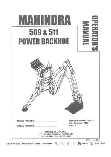 Mahindra Power Backhoe 509 & 511 Operators Manual