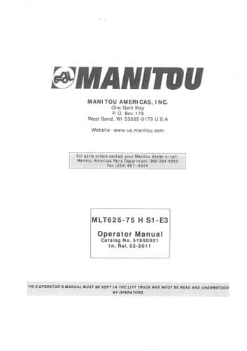 Manitou Maniscopic Telescopic Handler MLT 625-75  H S1-E3 Operators Manual - MLT625