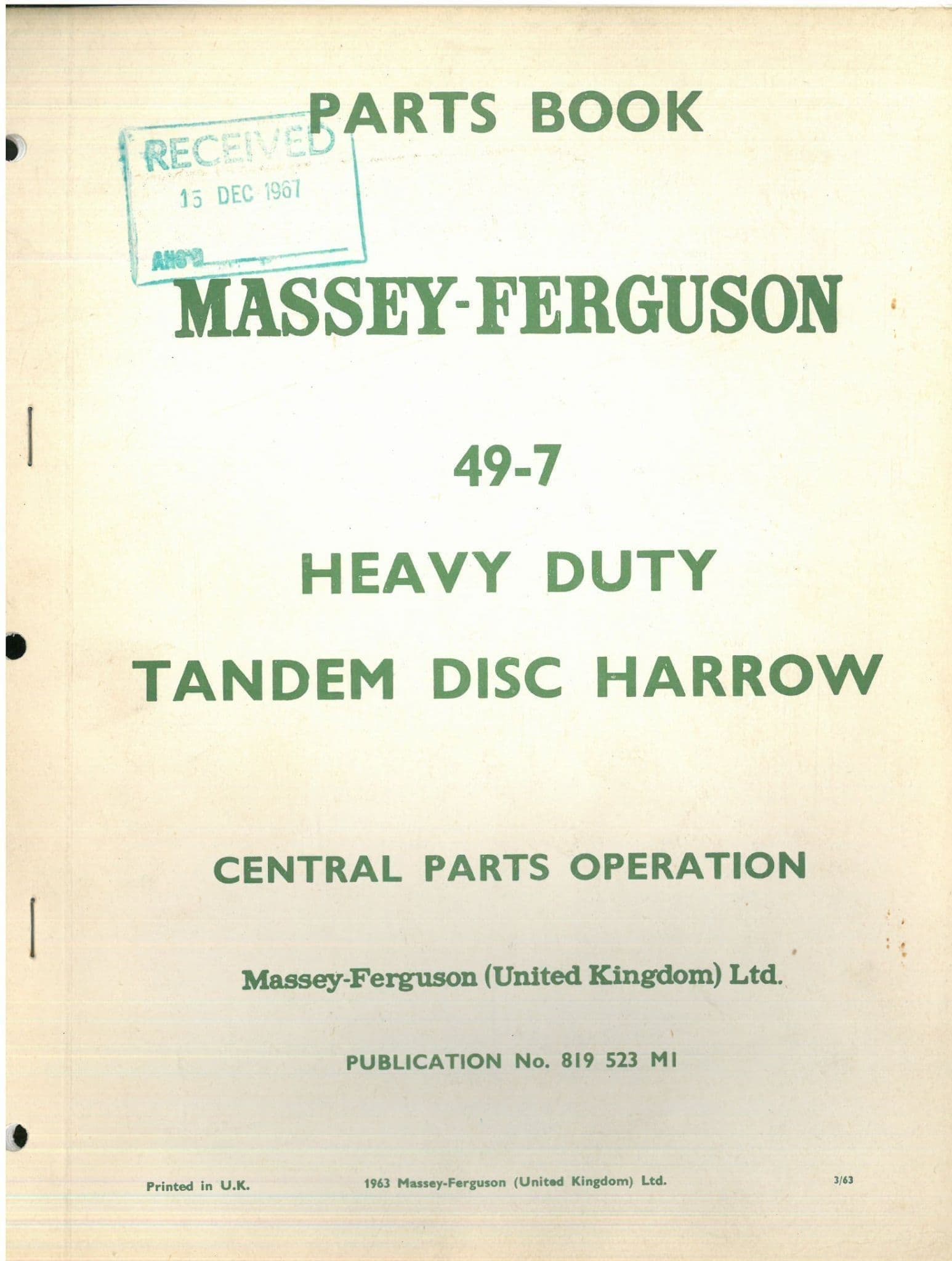 Massey Ferguson 49-7 Heavy Duty Tandem Disc Harrow Parts Manual - MF49 7