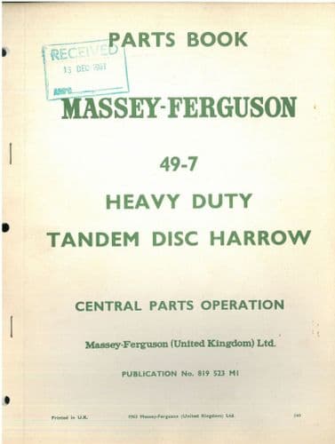Massey Ferguson 49-7 Heavy Duty Tandem Disc Harrow Parts Manual - MF49 7