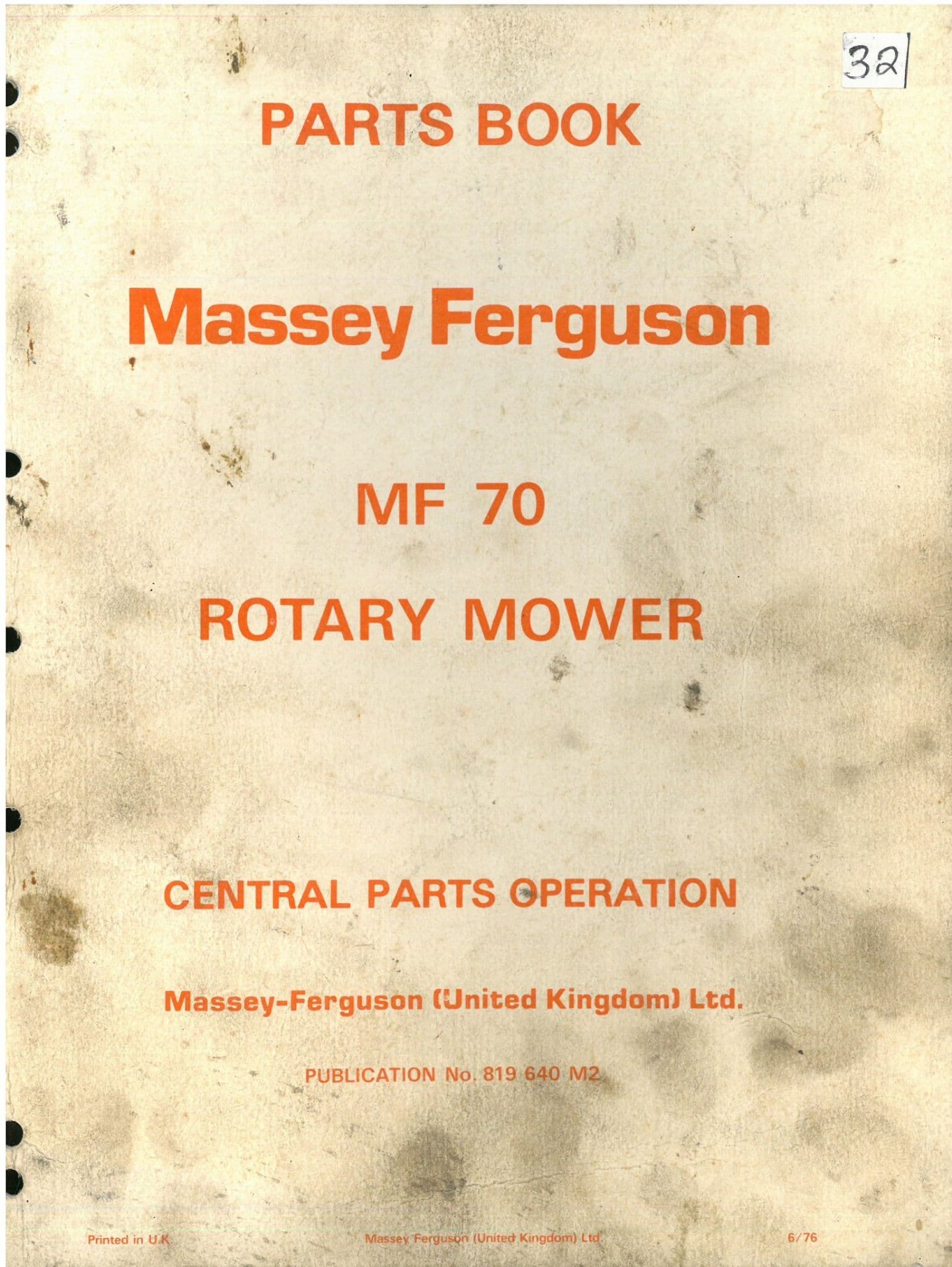 Massey Ferguson MF 70 Rotary Mower Parts Manual - MF70