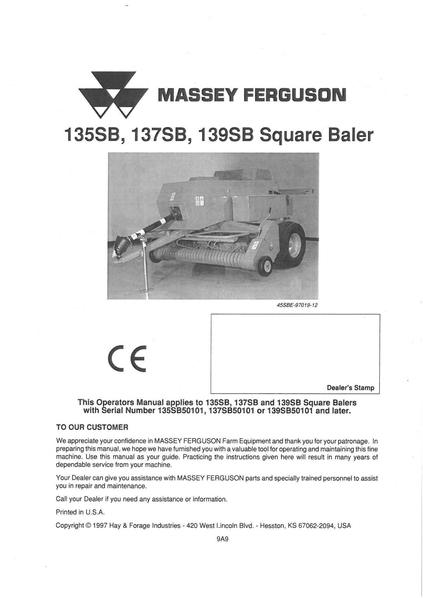 Massey Ferguson MF135 MF137 MF139 Baler Operators Manual - MF 135 137 139 MF135SB MF137SB MF139SB