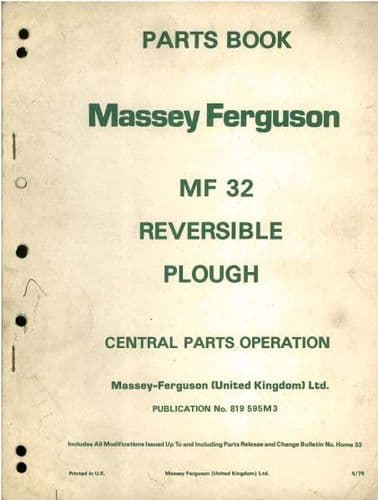 Massey Ferguson MF32 Reversible Plough Parts Manual - MF 32