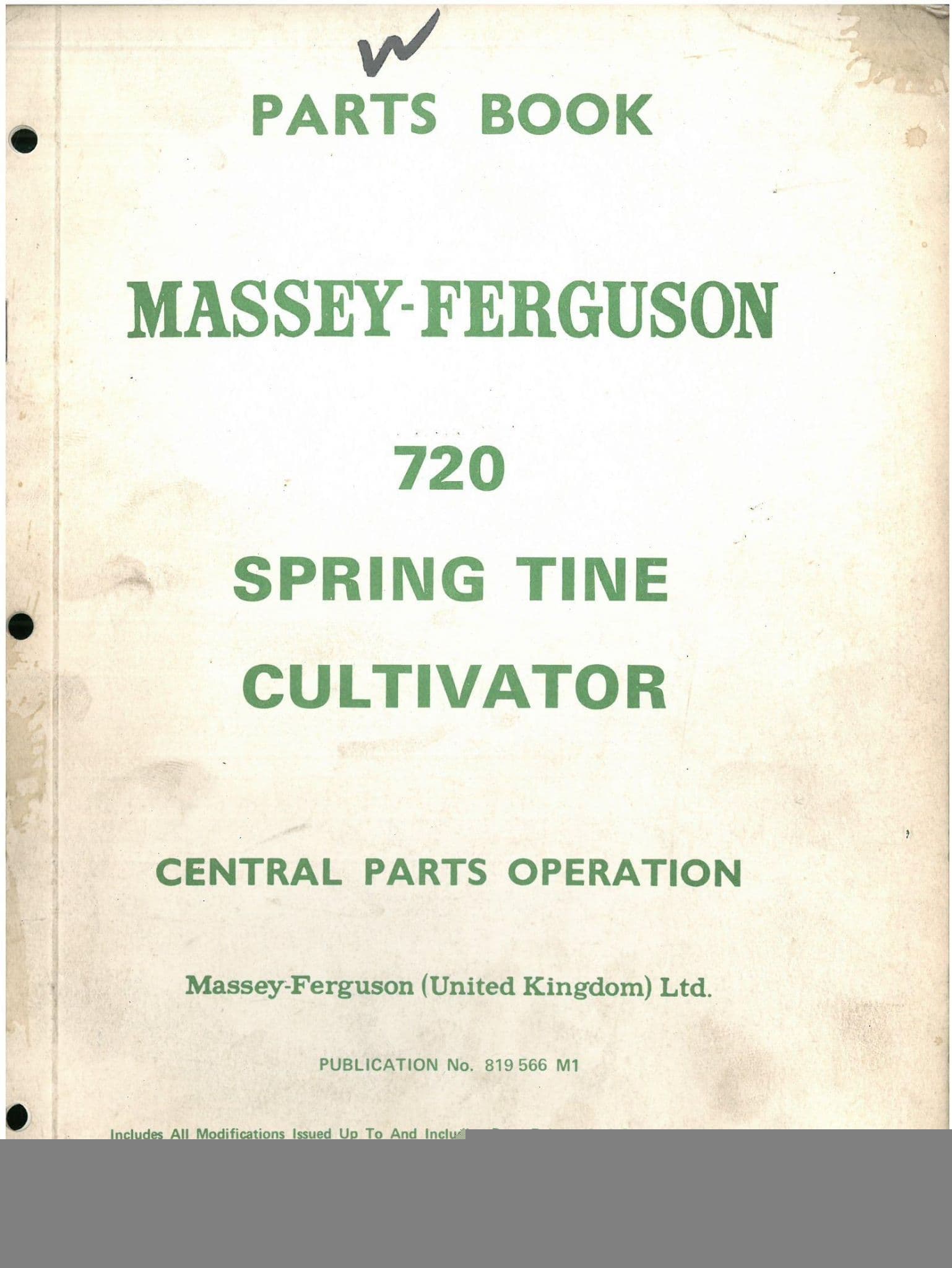 Massey Ferguson MF720 Spring Tine Cultivator Parts Manual - MF 720