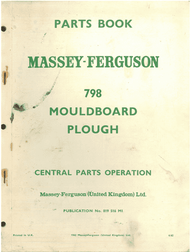 Massey Ferguson Mouldboard Plough MF798 Parts Manual - MF 798
