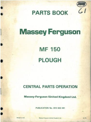 Massey Ferguson Plough MF150 Parts Manual