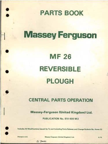 Massey Ferguson Reversible Plough MF26 Parts Manual