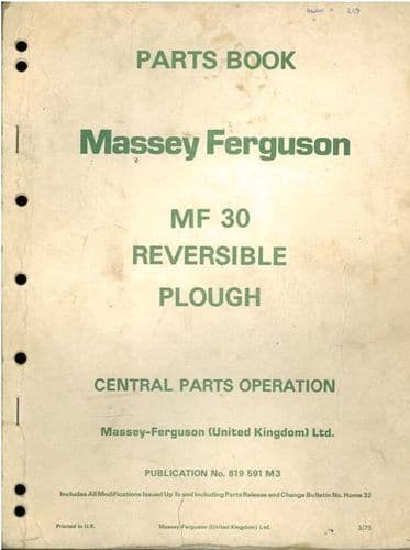 Massey Ferguson Reversible Plough MF30 Parts Manual
