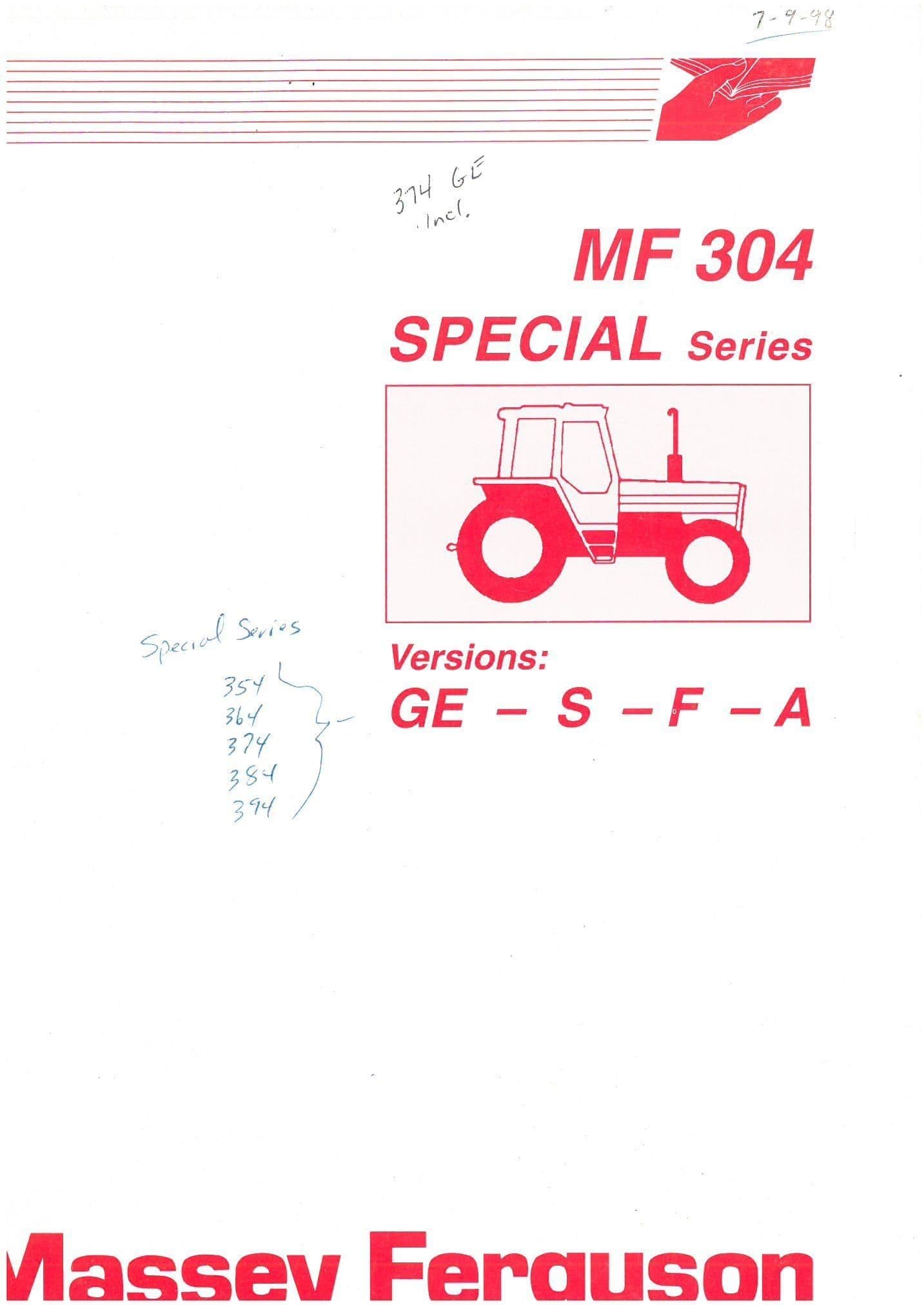 Massey Ferguson Tractor 354 364 374 384 394 GE, S, F, A Operators Manual MF 304