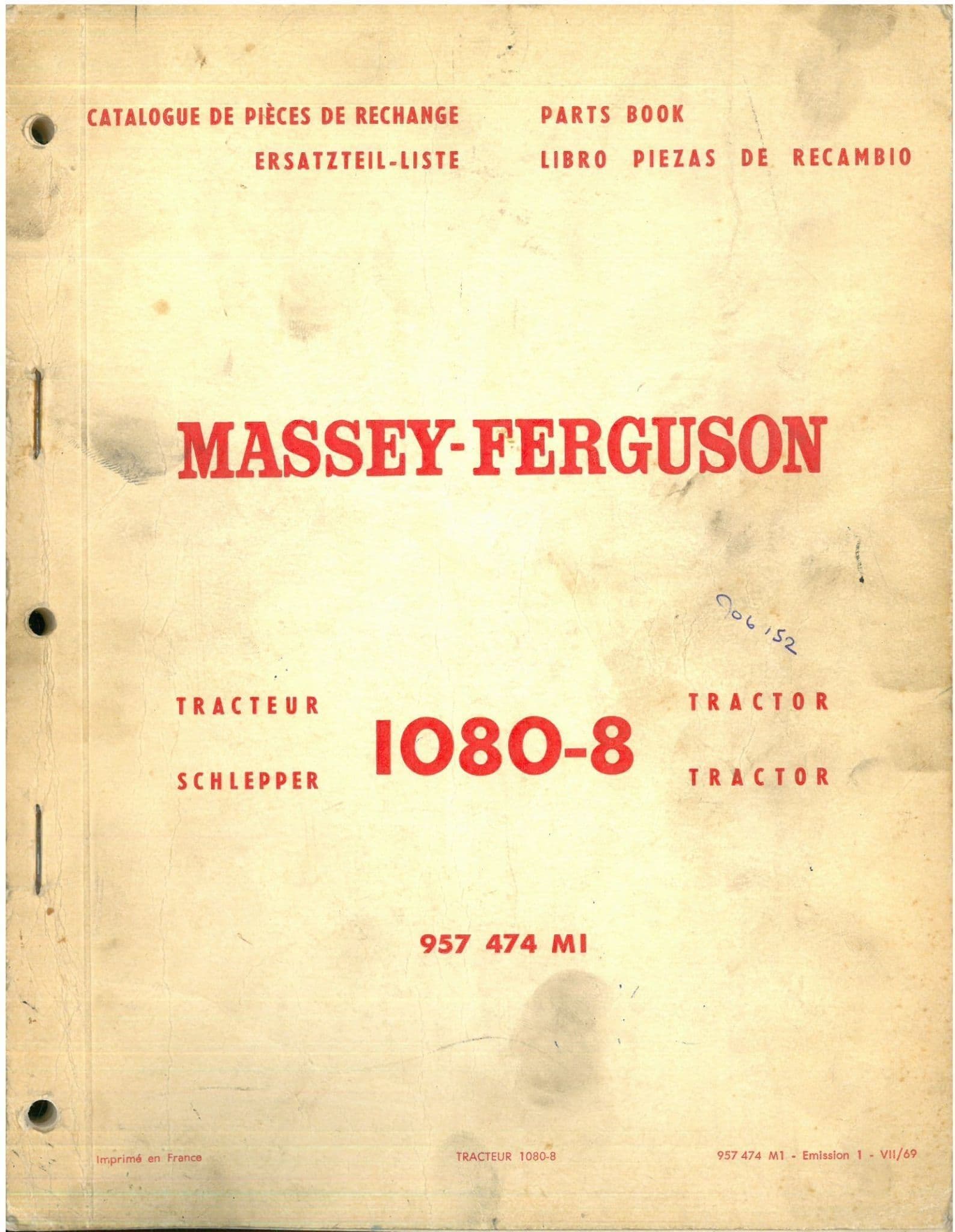 Massey Ferguson Tractor MF 1080-8 Parts Manual - MF1080-8