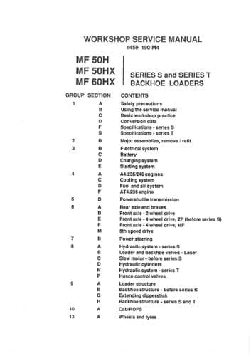 Massey Ferguson Tractor MF50H MF50HX MF60HX Digger Loader Backhoe Workshop Service Manual