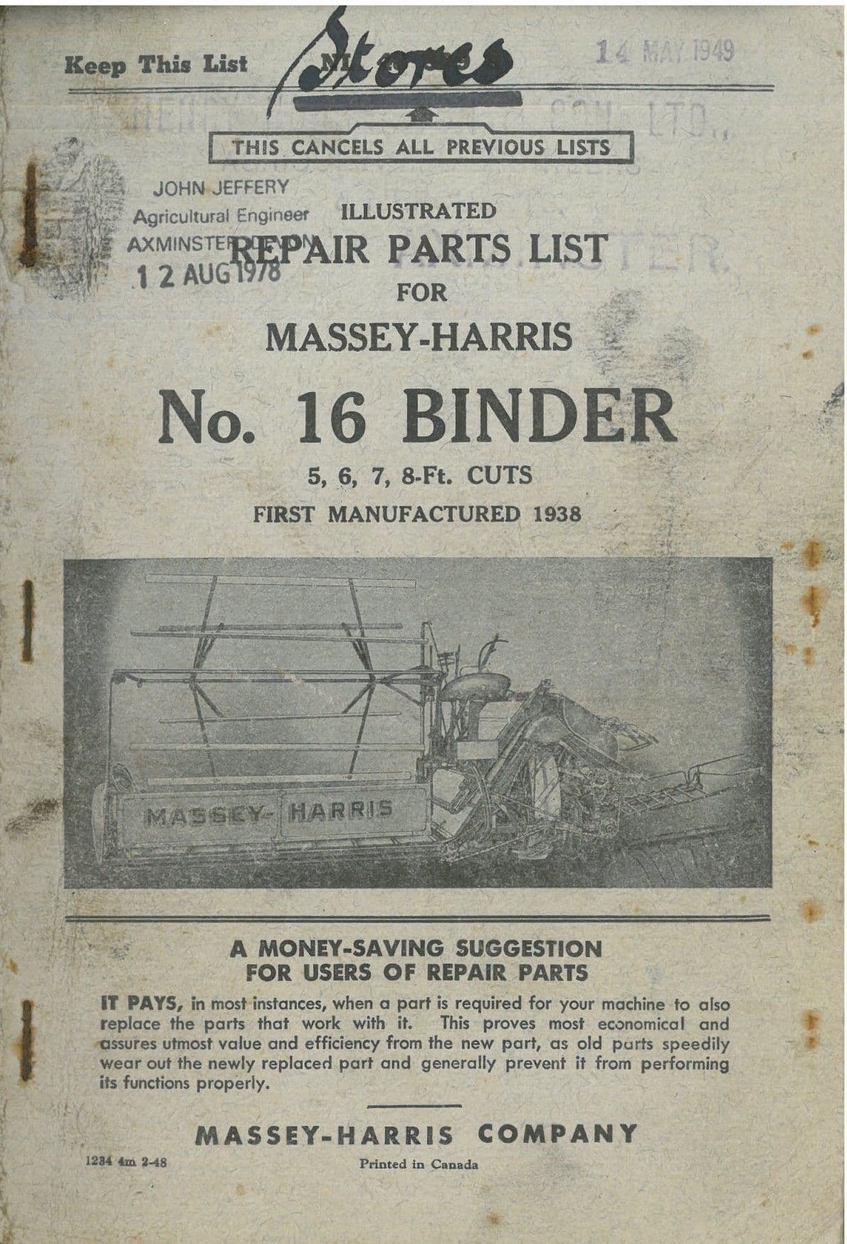 Massey-Harris Binder No. 16 Parts Manual