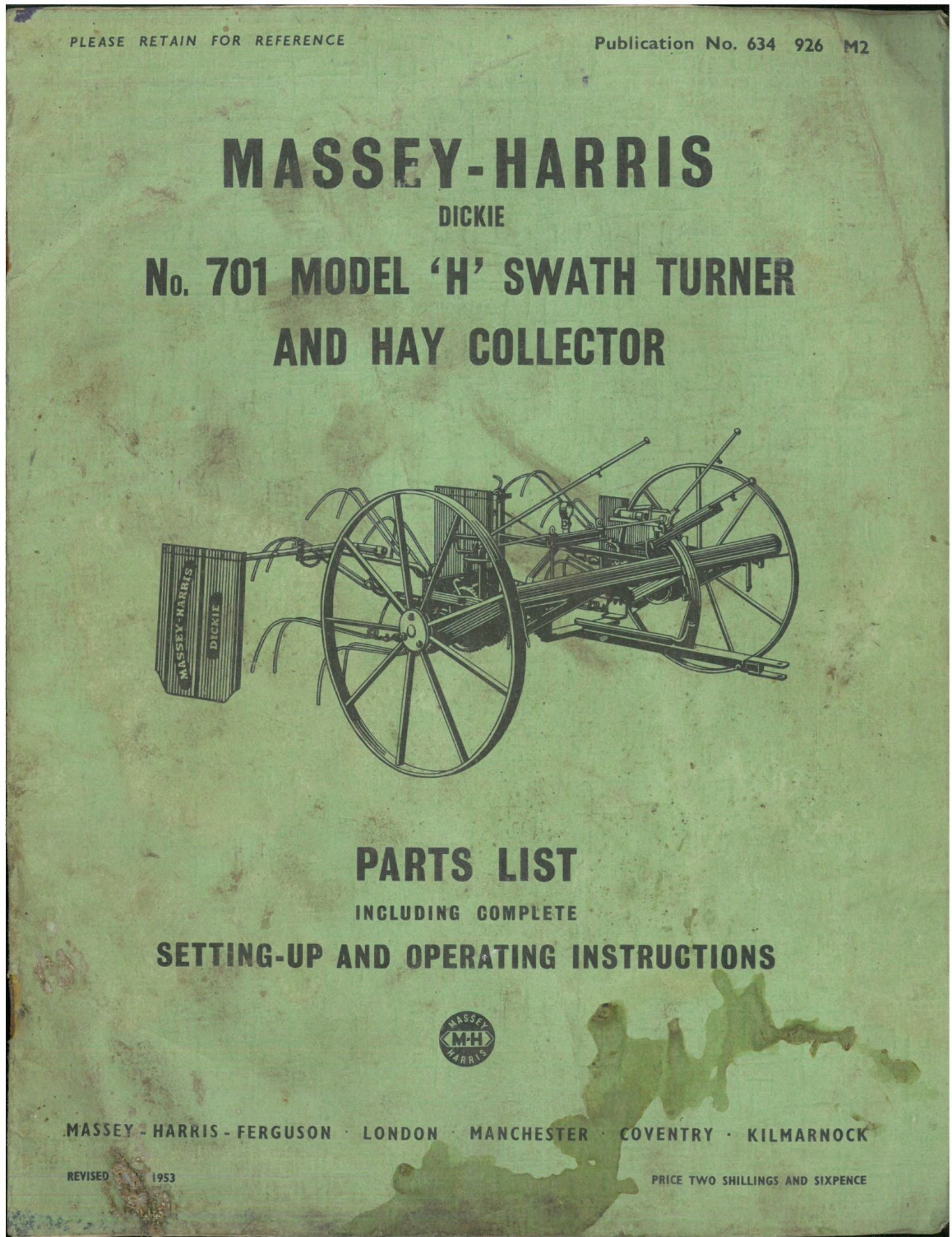 Massey Harris Dickie 701 Model H Swath Turner  and Hay Collector Parts Manual