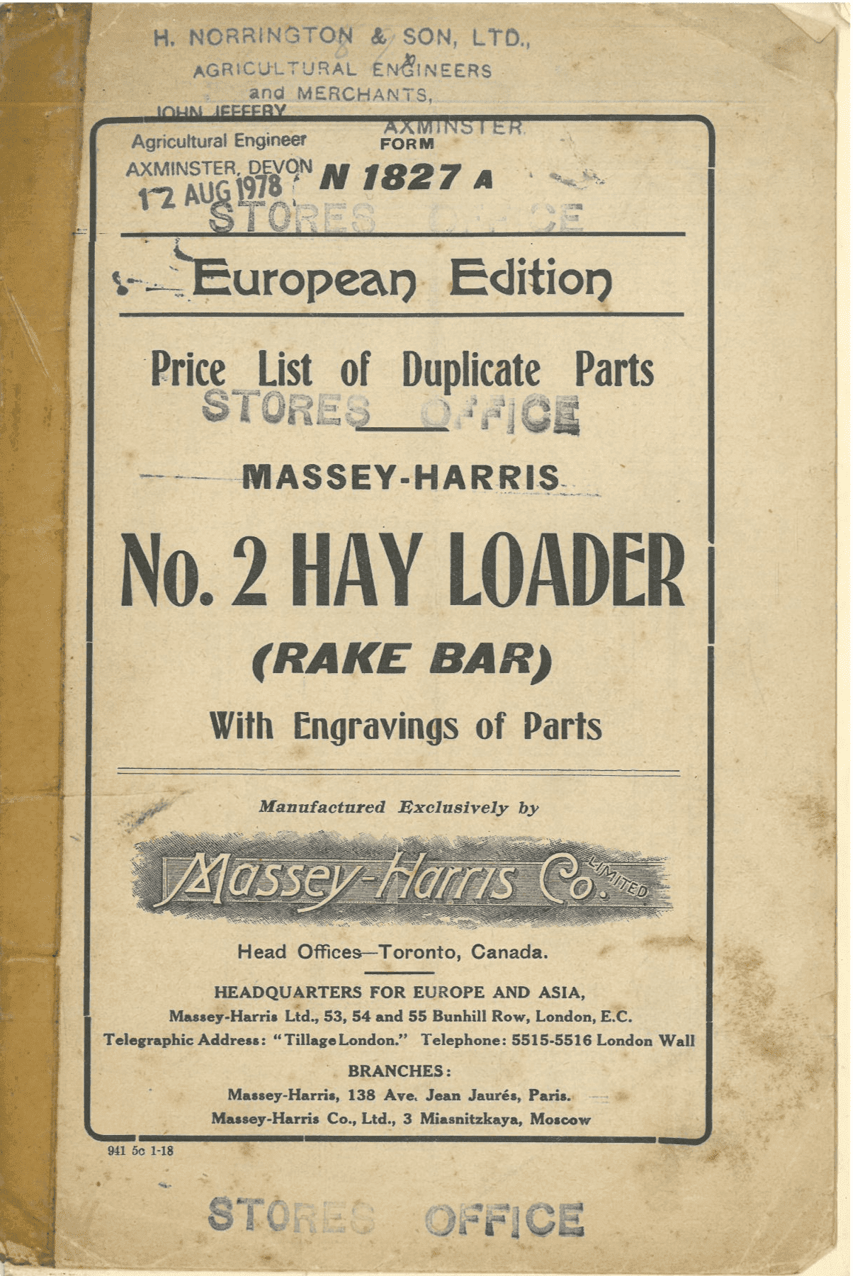 Massey Harris Hay Loader No. 2 Rake Loader Parts Manual