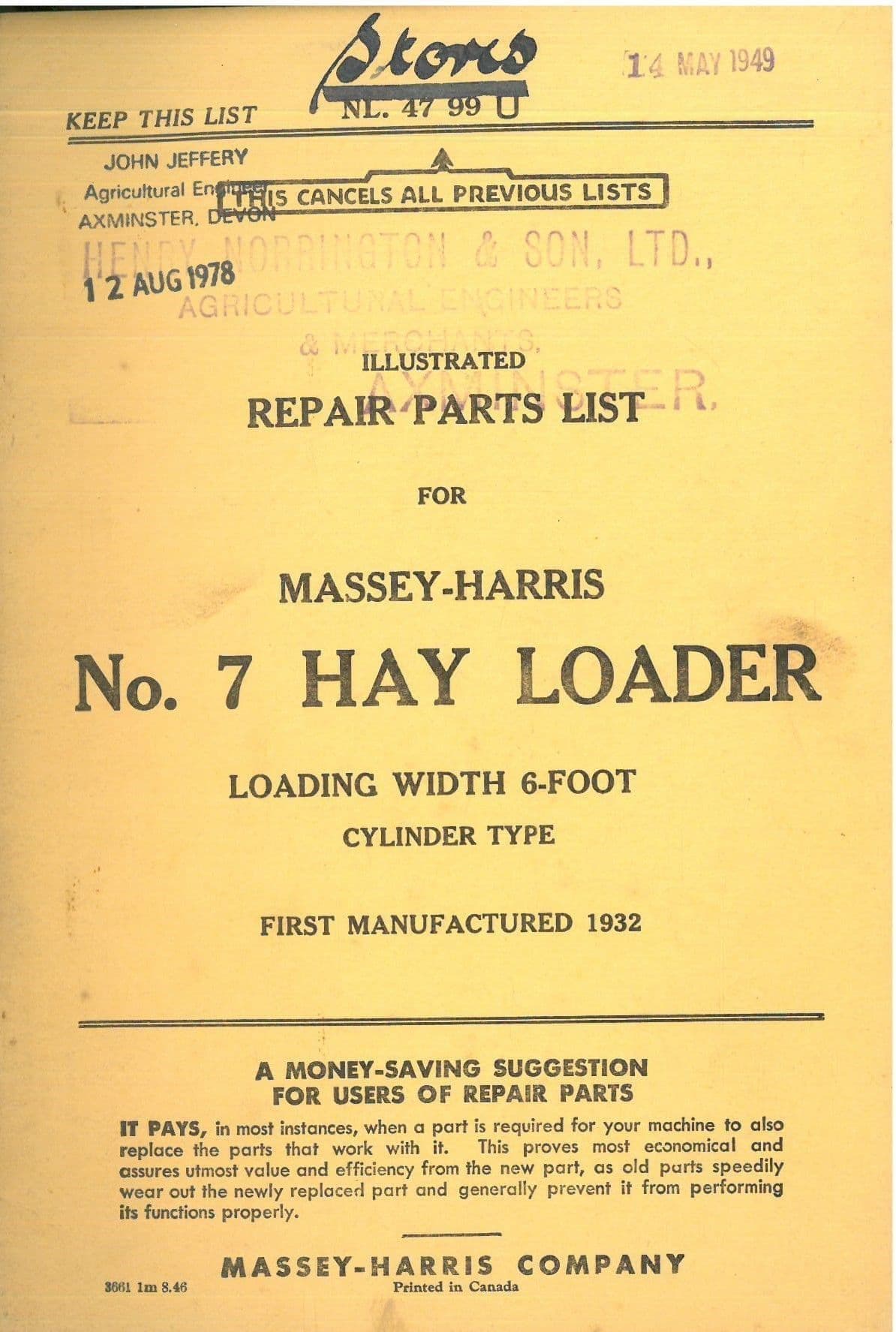 Massey Harris Hay Loader No. 7  Parts Manual