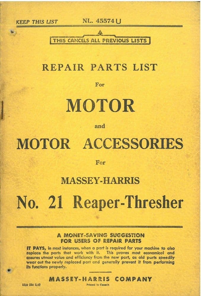 Massey Harris Motor and Accessories for No21 Reaper Thresher Parts Manual