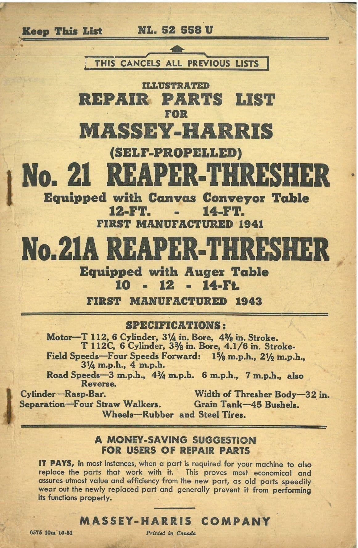 Massey Harris  Mower No's 20 & 21 Parts Manual