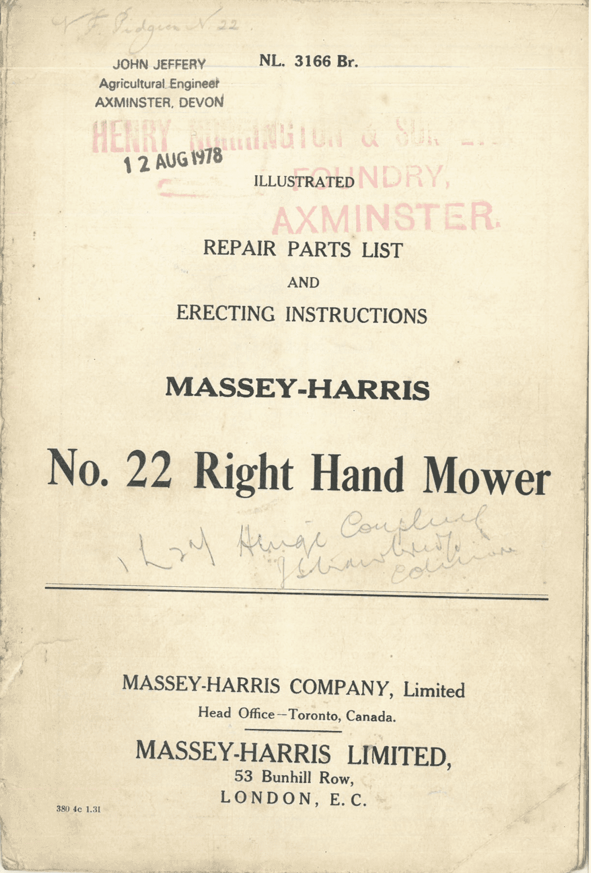 Massey Harris No. 22 Mower Parts Manual
