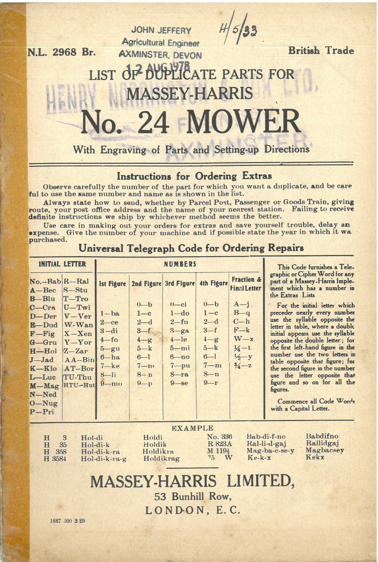 Massey Harris No. 24 Mower Parts Manual