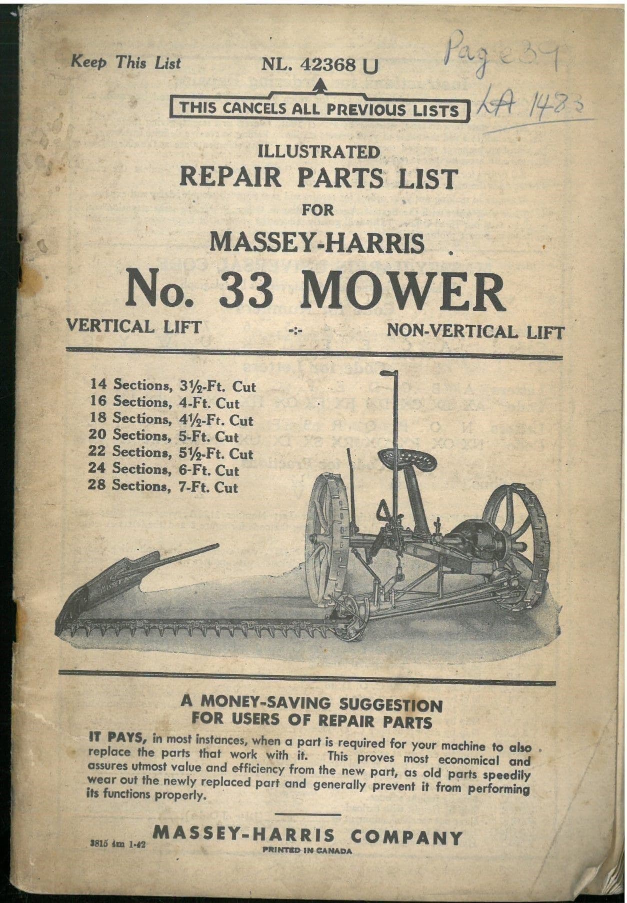 Massey Harris No. 33 Mower Parts Manual