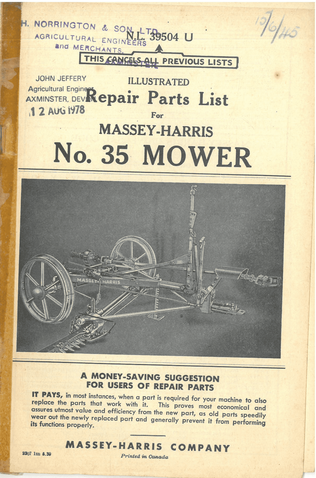 Massey Harris No. 35 Mower Parts Manual