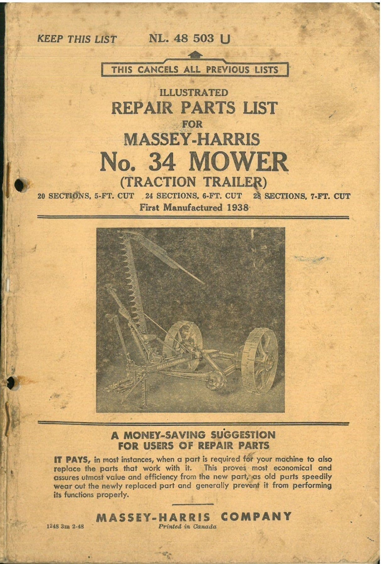 Massey Harris No.34 Mower (Traction Trailer) Parts Manual