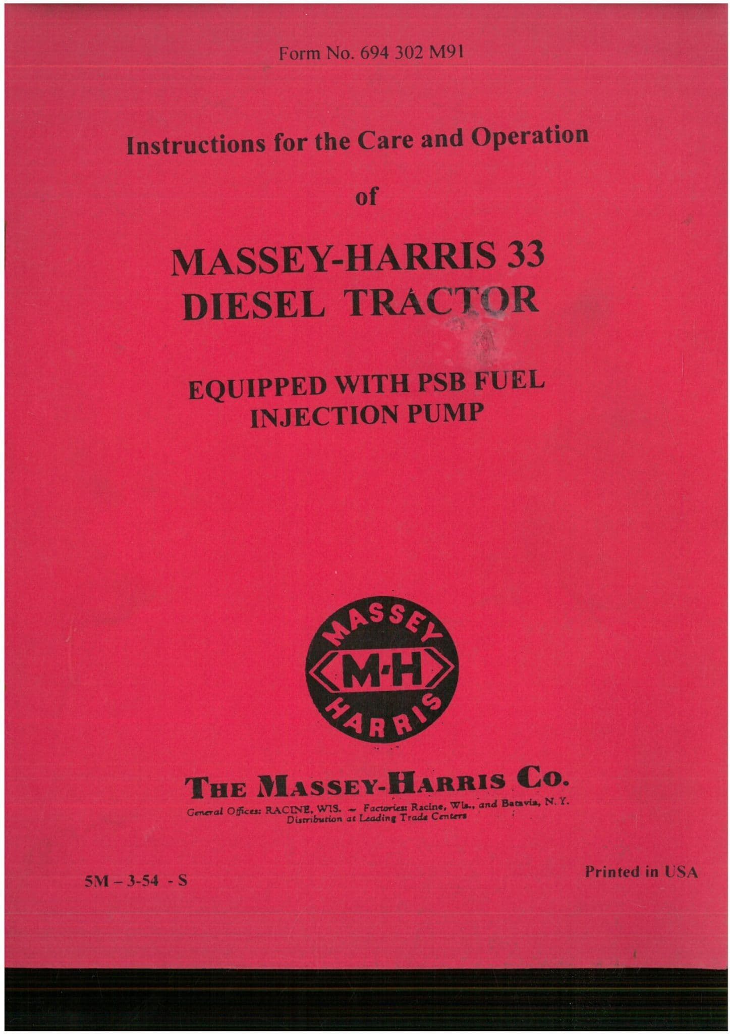 Massey Harris Tractor "33" Operators Manual