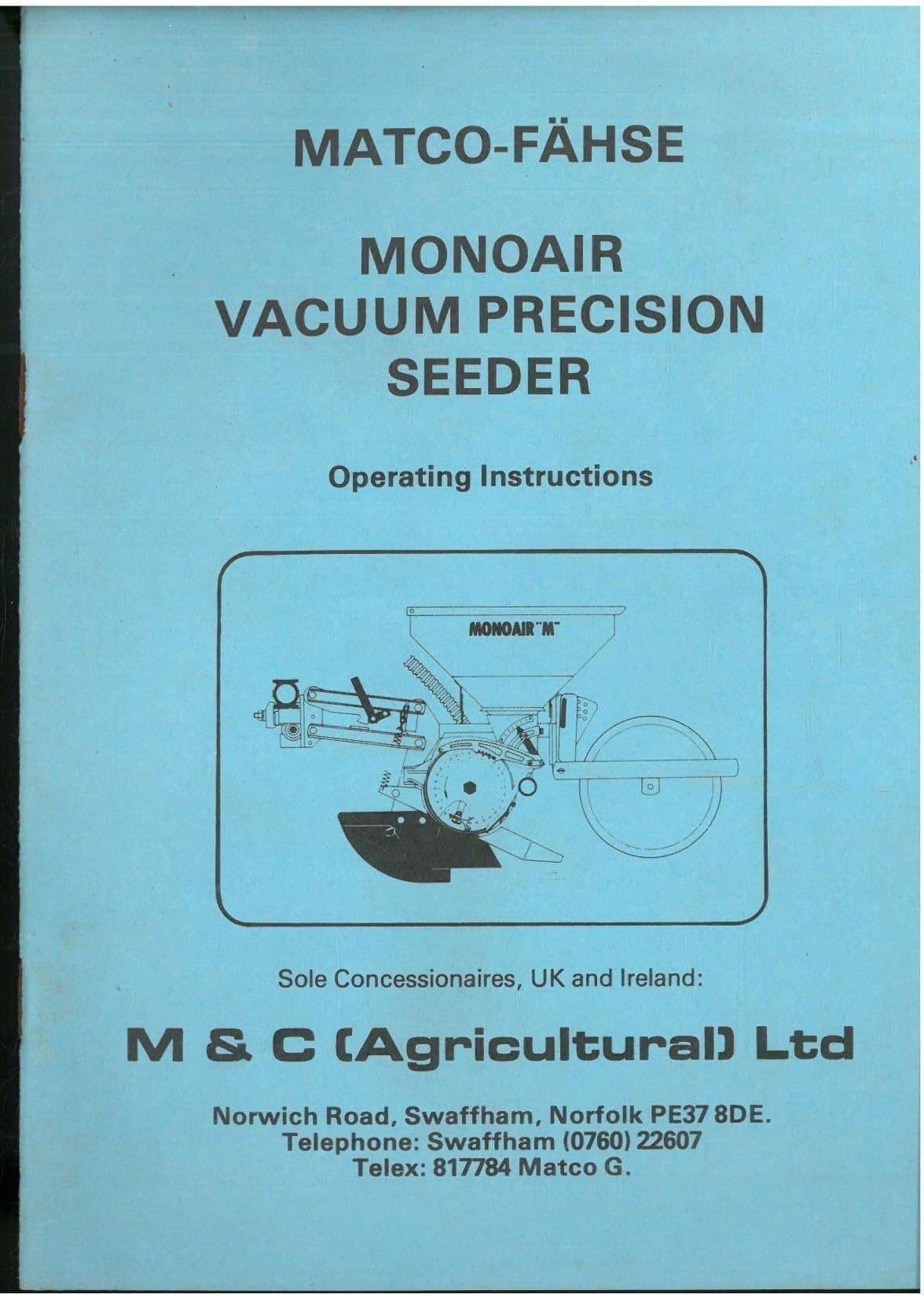 Matco Monoair Vacuum Precision Seeder Operators Manual