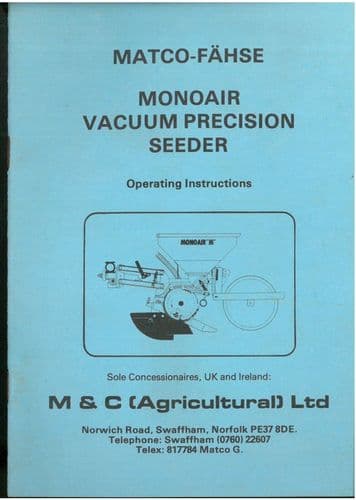Matco Monoair Vacuum Precision Seeder Operators Manual