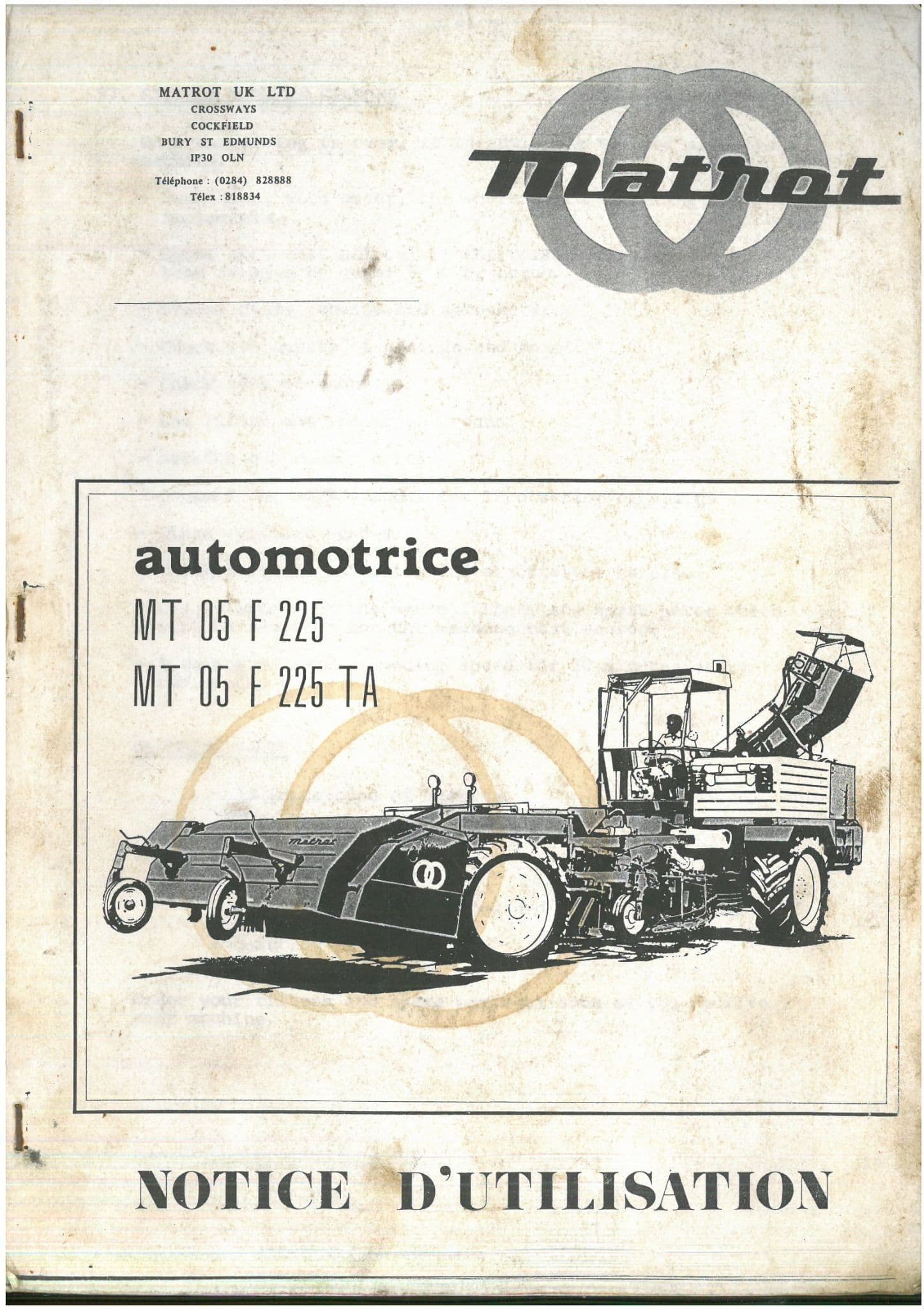 Matrot Self Propelled Sugar Beet Harvester MT05F225 & MT05F225TA Operators Manual