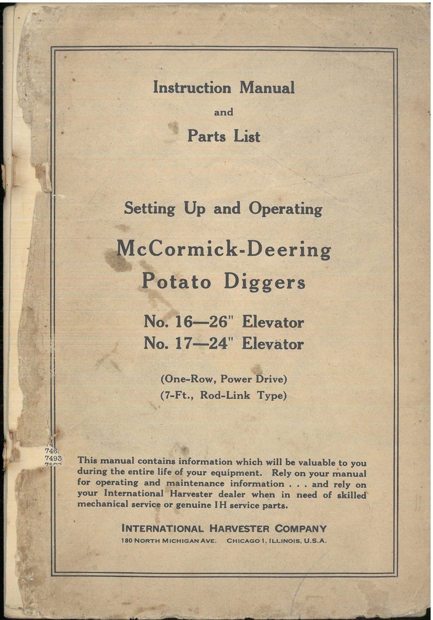 McCormick  Deering Potato Digger 16 -26" 17 - 24" Elevator Operators Manual with Parts List