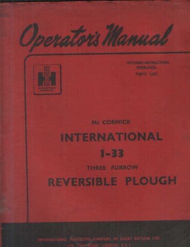 McCormick International 1-33 Three Furrow Reversible Plough Operators Manual with Parts List