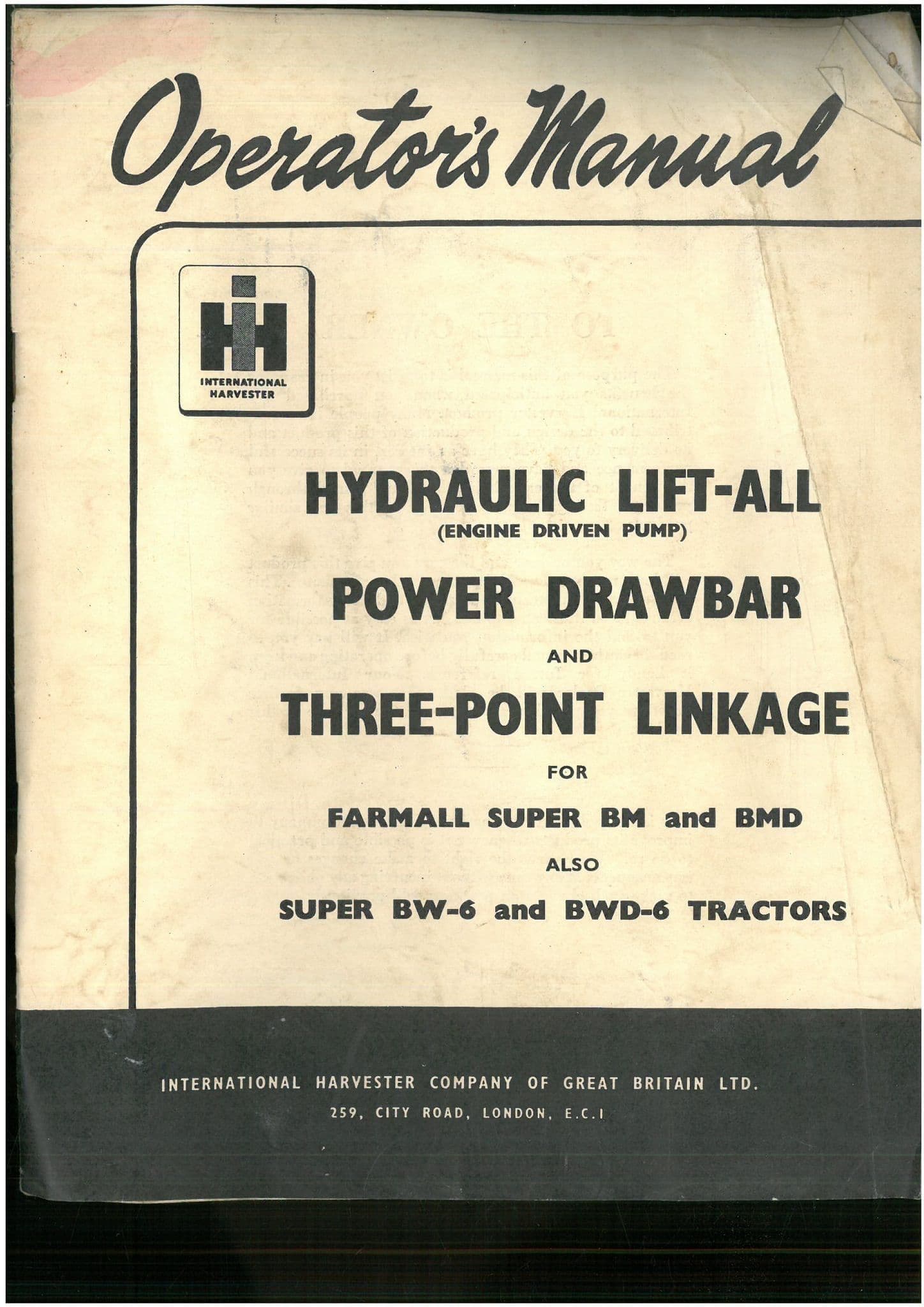 McCormick International Hydraulic Lift-All, Power Drawbar, Three-Point Linkage Operators Manual